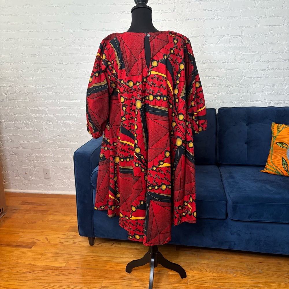Red Printed Mini Dress - Bold Graphic Swing Dress - Picture 3 of 6